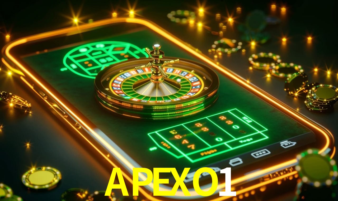 Escena dinámica inspirada en casino con iluminación APEXO1, cartas, fichas e íconos de juegos digitales en un espacio moderno de juegos.